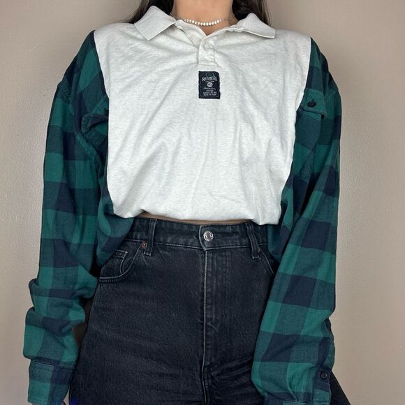 Reworked Redhead Long Sleeve Buffalo Green Western Oversized Flannel Shirt Top - Picture 2 of 4